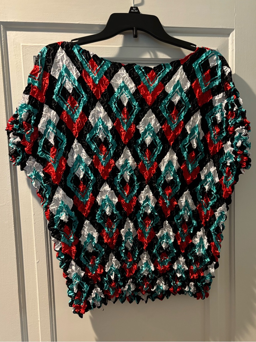 Harley Quinn Vintage Women's Smocked Diamond-Print Top in Red, Teal & Black 90s